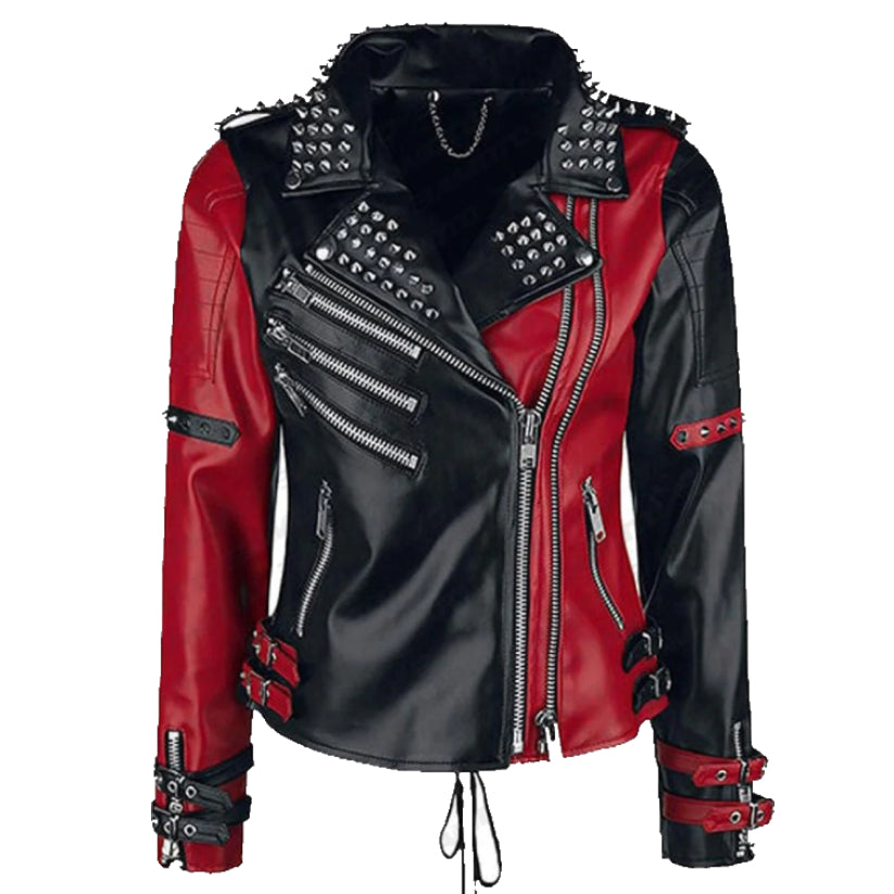 Womens Studded Leather Jacket Handmade Punk Black & Red