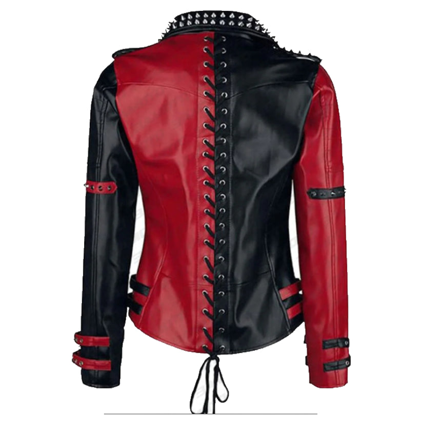 Womens Studded Leather Jacket Handmade Punk Black & Red