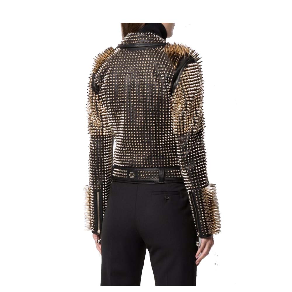 Womens Studded Leather Jacket in Brown
