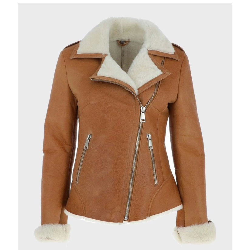 Womens Tan Brown Shearling Leather Jacket
