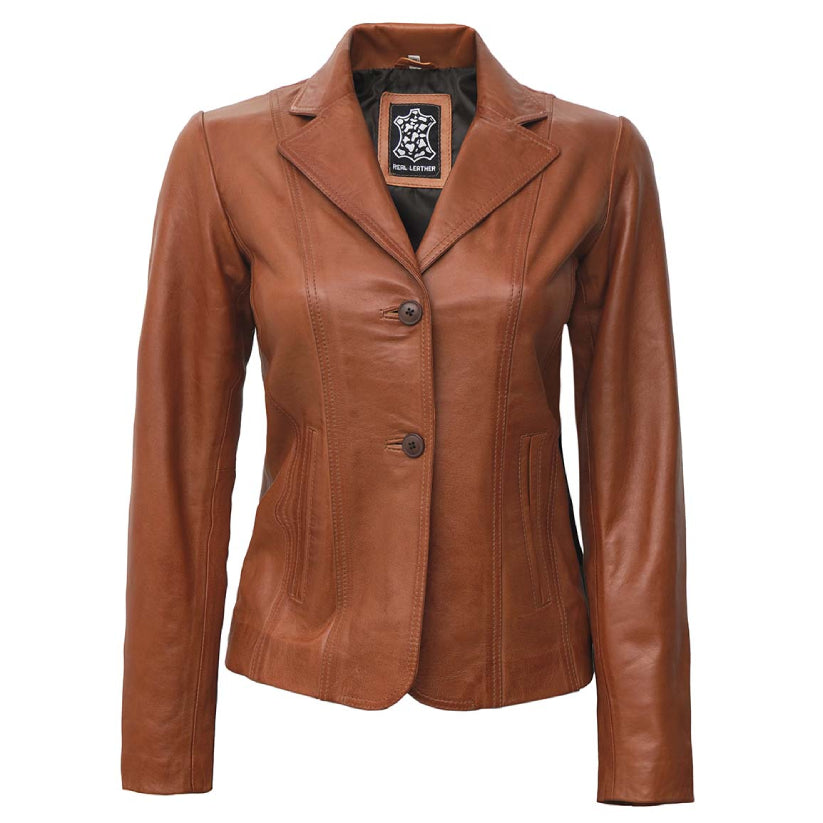 Womens Two Button Tan Leather Blazer Jacket