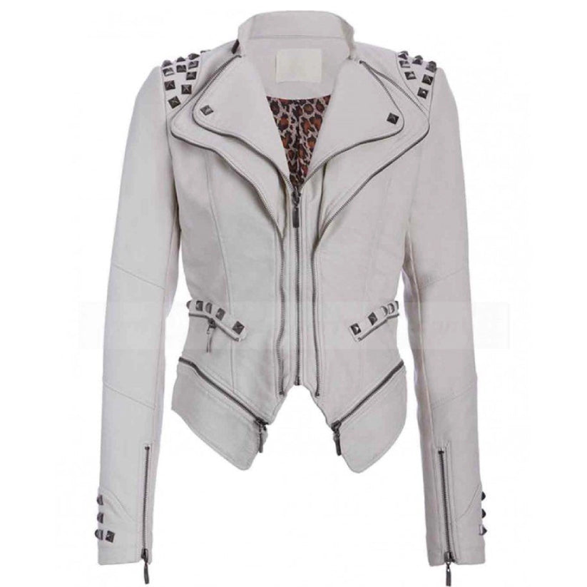 Womens White Studded Punk Leather Jacket