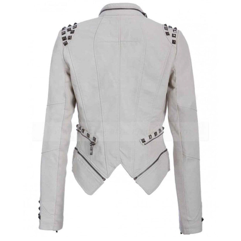 Womens White Studded Punk Leather Jacket
