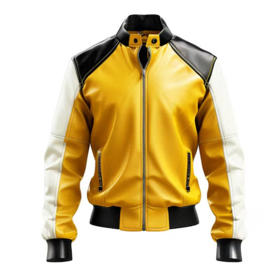 Yellow and Black Men's Racing Genuine Leather Jacket