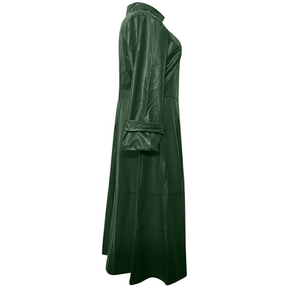 Army Green Long Trench Leather Coat For Women