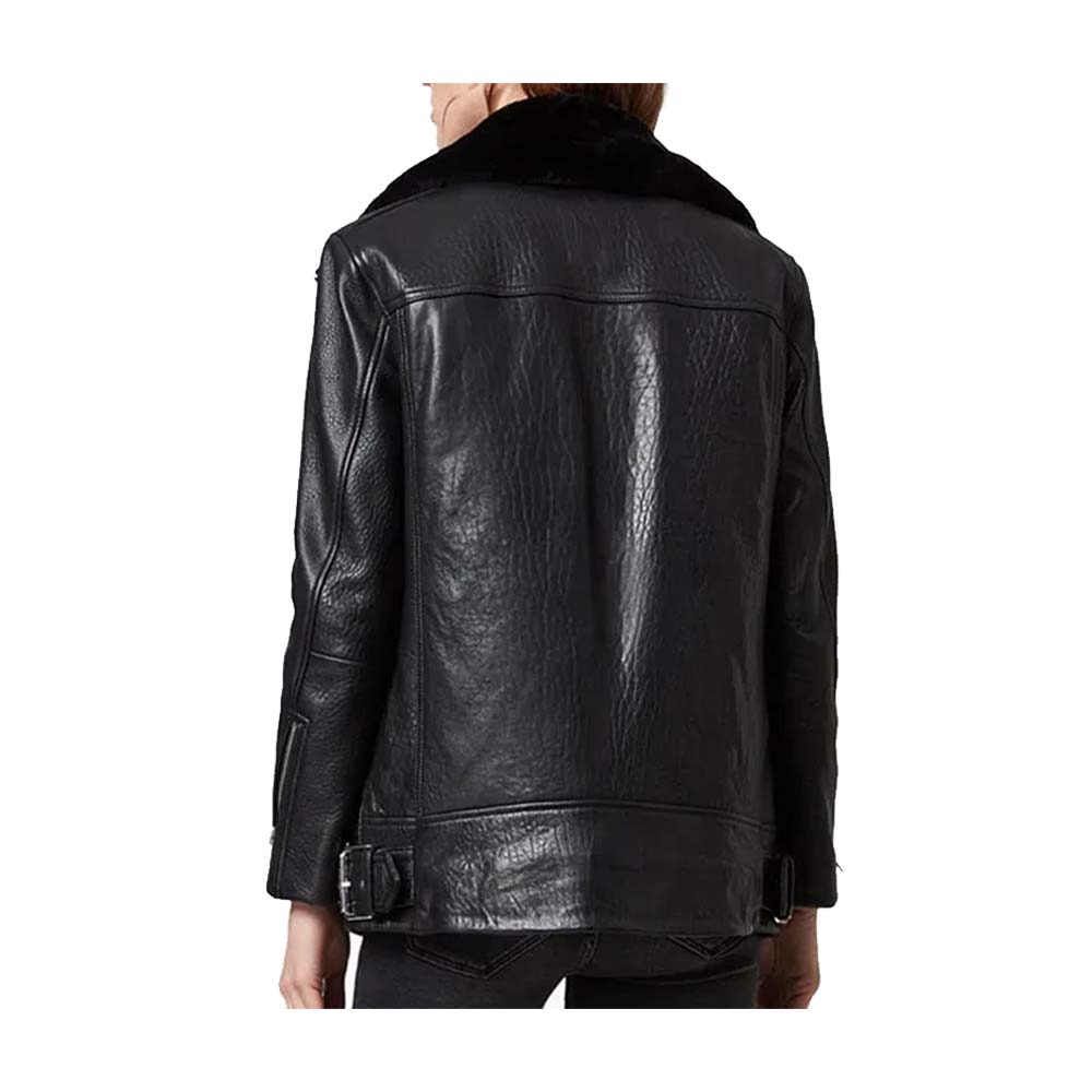 Black Collar Aviator Leather Jacket For Women