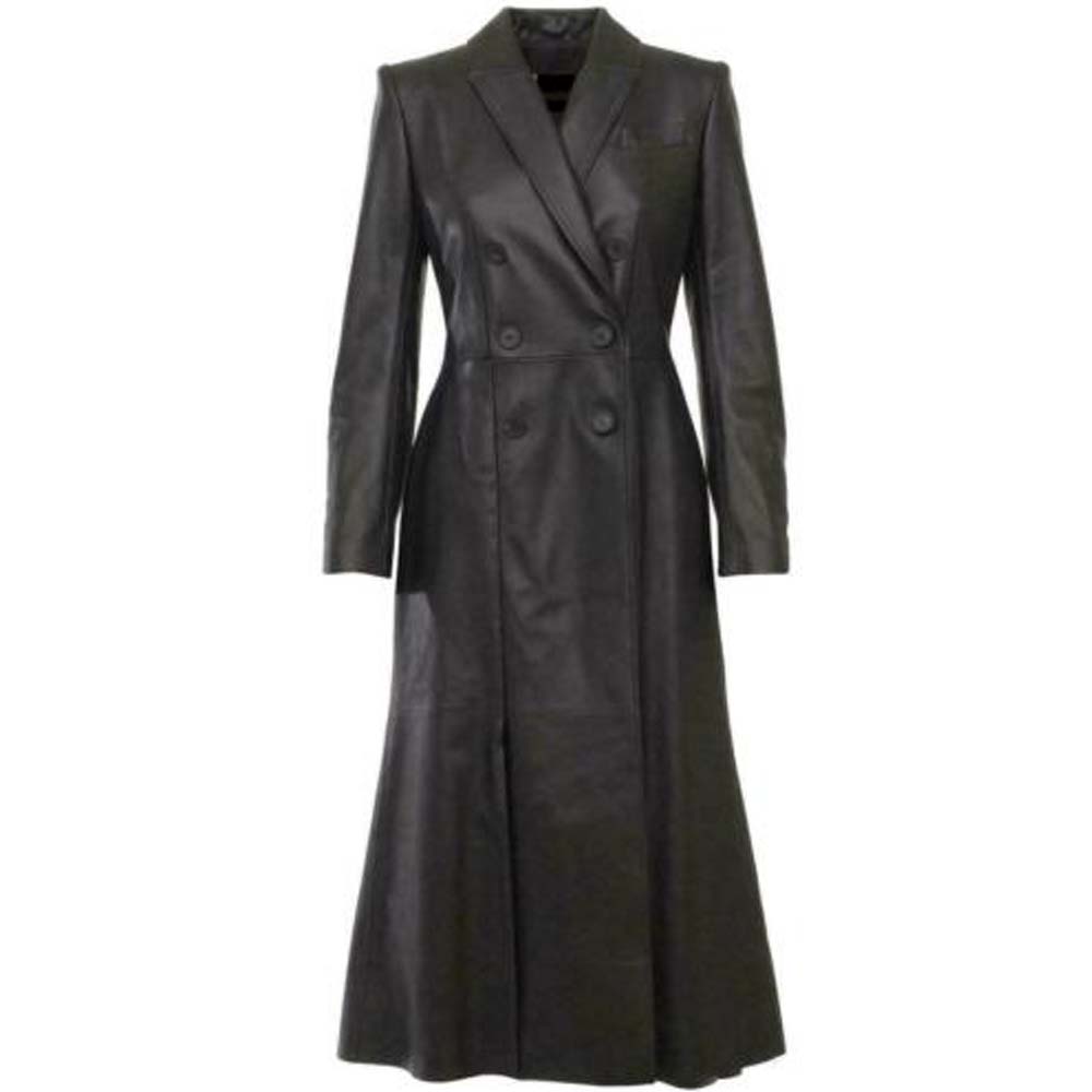 Black Genuine Long Trench Leather Coat For Women