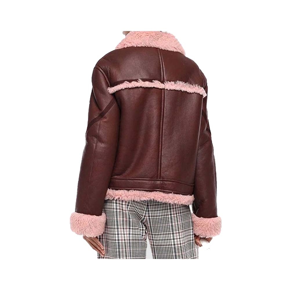 Burgundy Shearling Leather Fur Jacket For Women