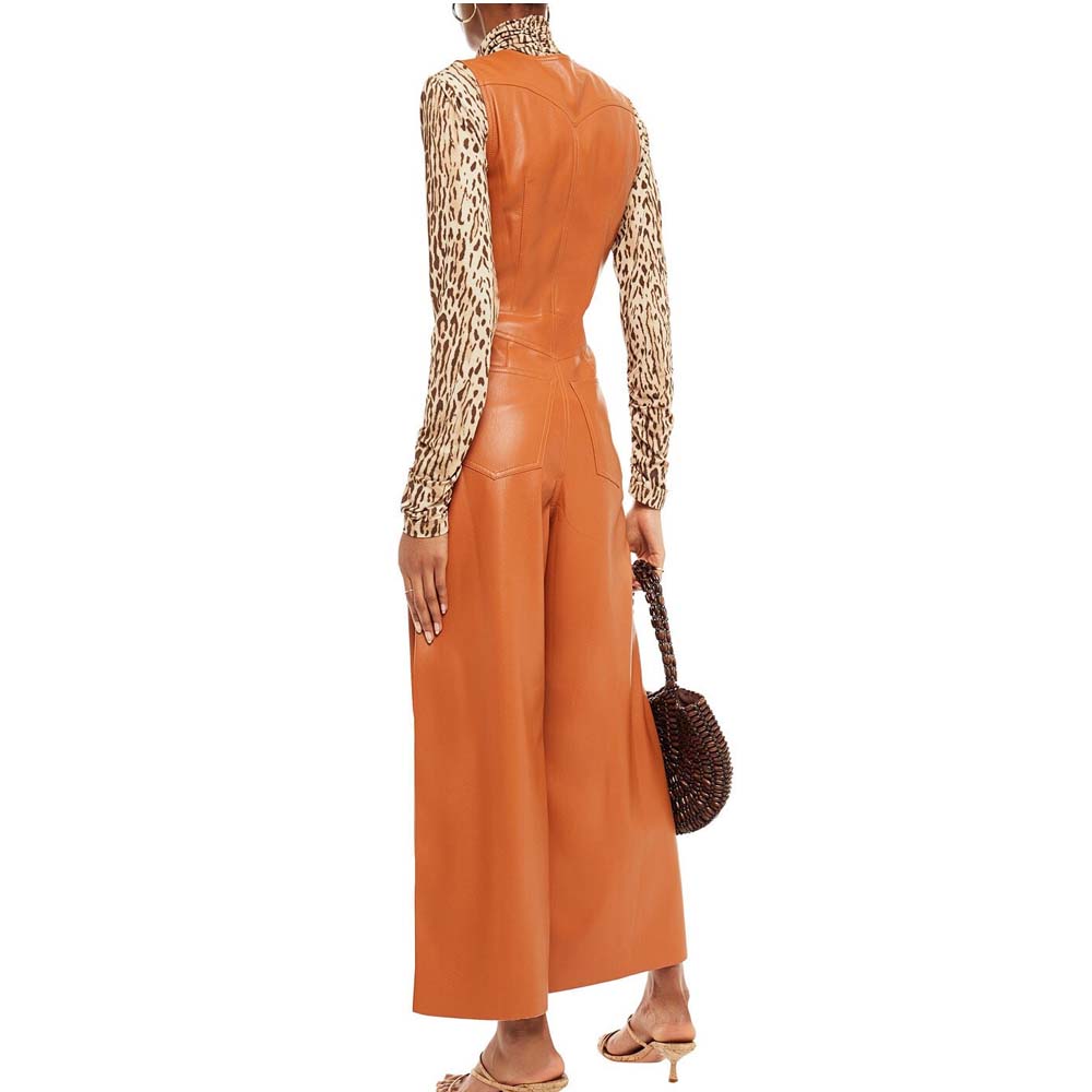 Camel Brown Leather Jumpsuit For Women