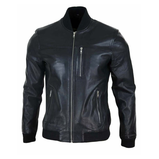 Mens Black Leather Bomber Jacket