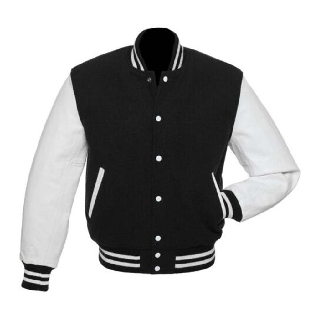 Mens Black and White Wool Real Leather sleeves Varsity Letterman Jacket