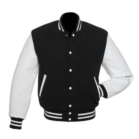 Mens Black and White Wool Real Leather sleeves Varsity Letterman Jacket