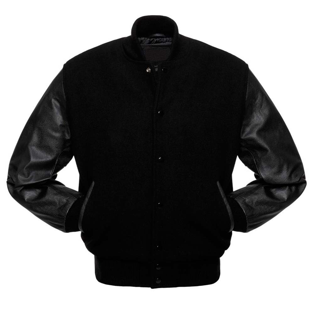 Mens Black wool and Black leather Varsity Jacket
