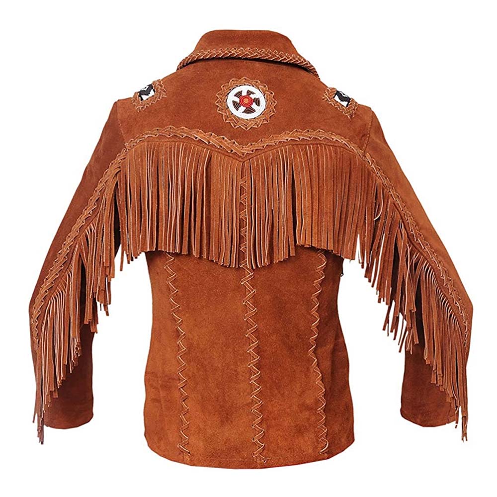Mens Brown Cowboy Western Leather Jacket with Fringe and Bead