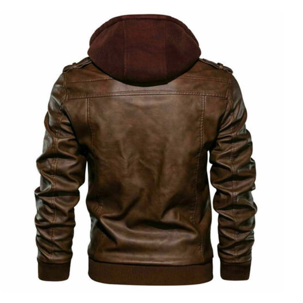 Mens Brown Genuine Real Leather Hooded Jacket