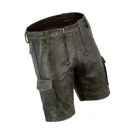 Mens Double Front Zipper Leather Cargo Shorts