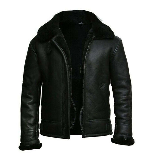 Mens Fur Collar Black B3 Bomber Jacket