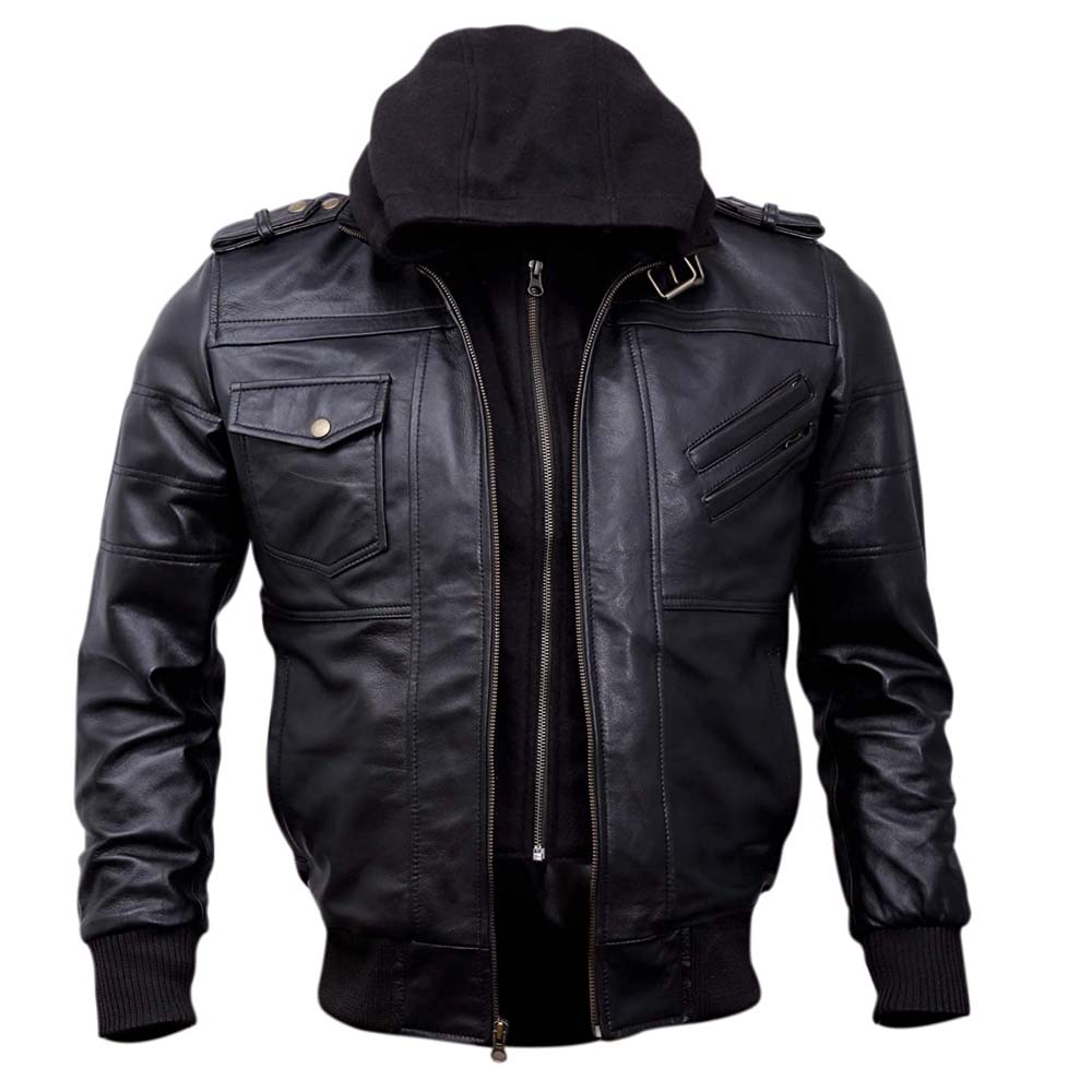 Mens Genuine Black Hooded Bomber Leather Jacket