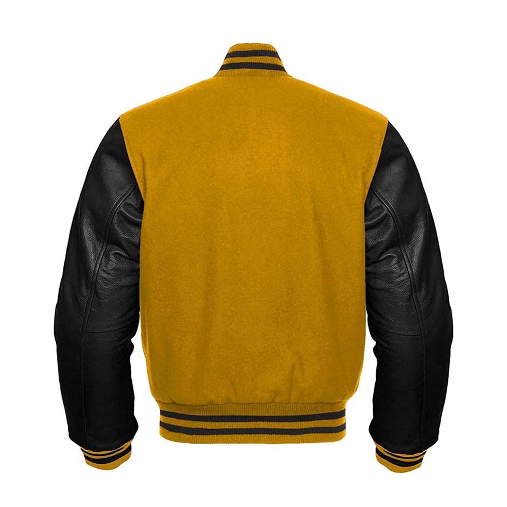 Mens Genuine Yellow and Black Varsity Leather Jacket Letterman