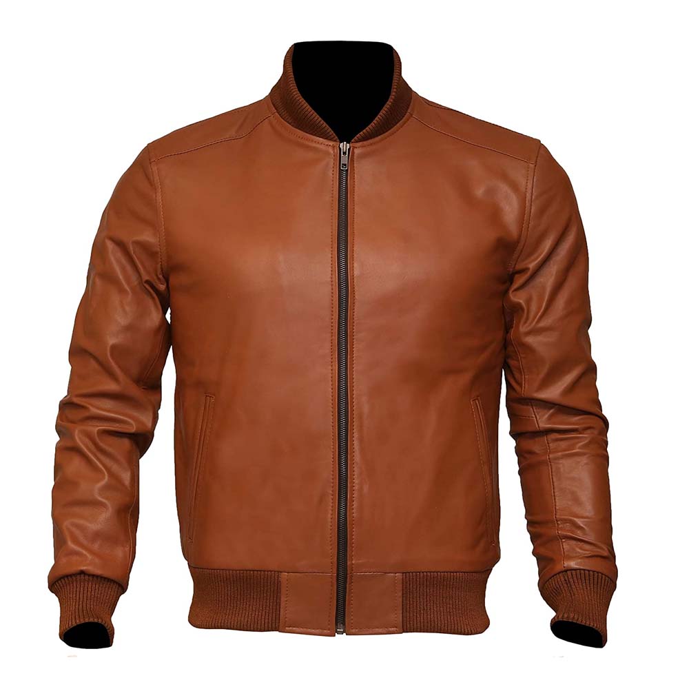 Mens Tan Brown Real Leather Bomber Jackets