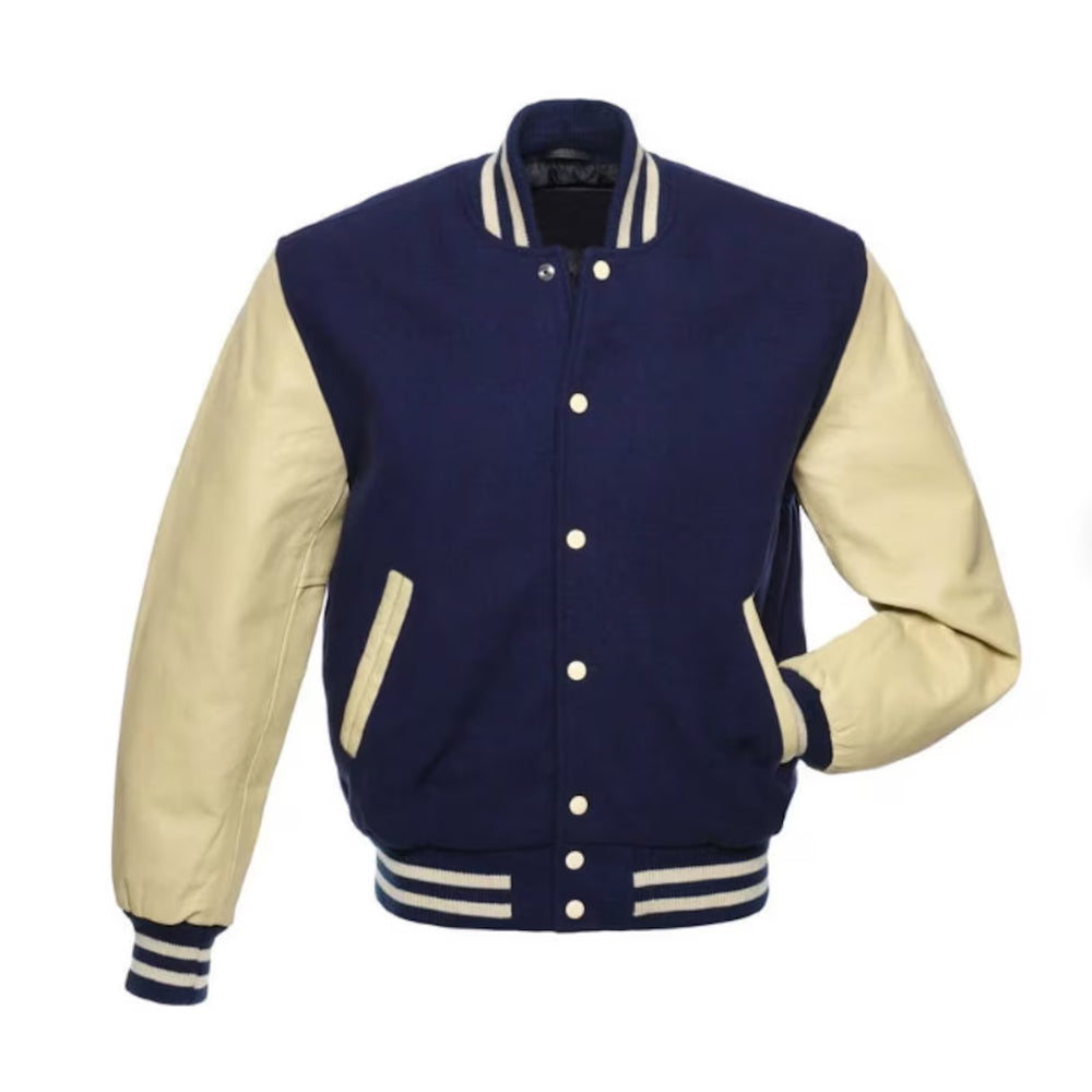 Navy Blue Wool Cream Leather Sleeves Women Varsity Jacket