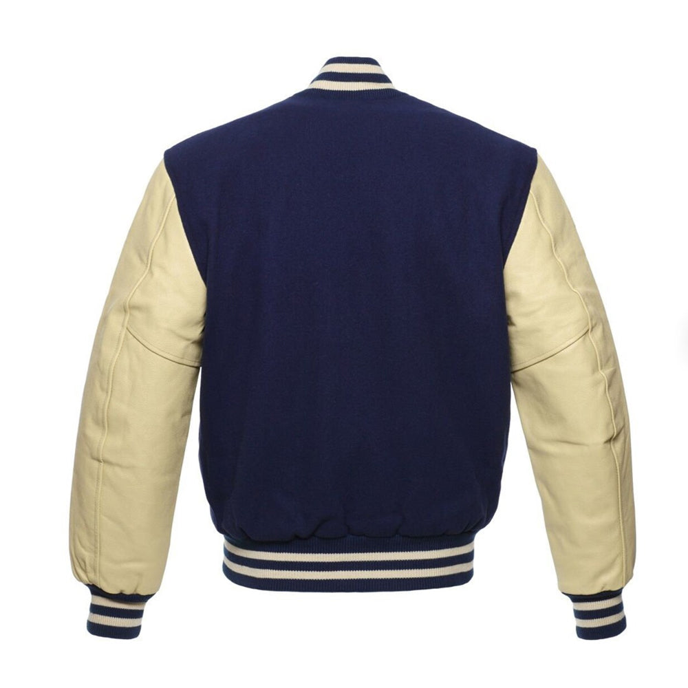 Navy Blue Wool Cream Leather Sleeves Women Varsity Jacket