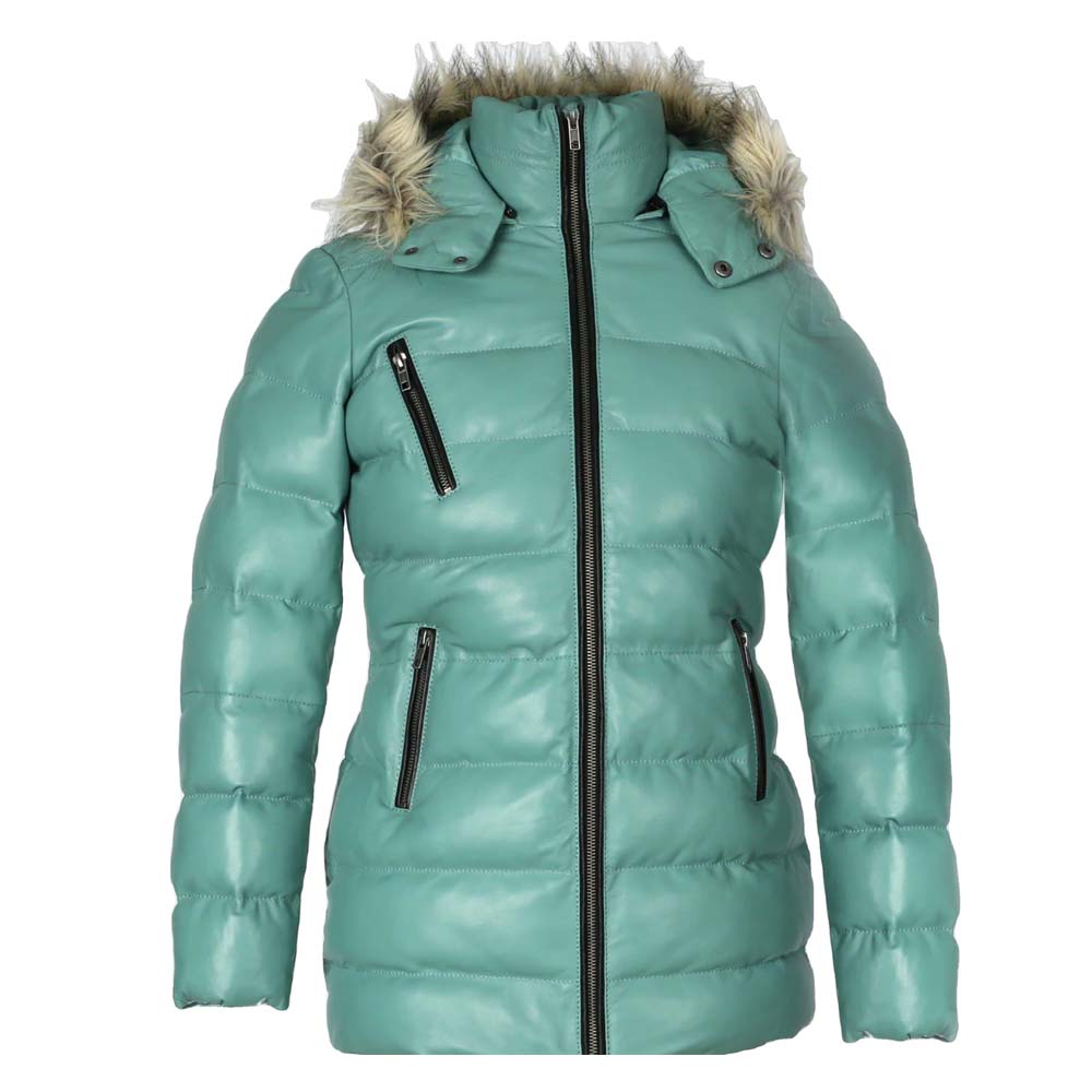 Womens Genuine Cyan Puffer Leather Jacket With Fur Hoodie