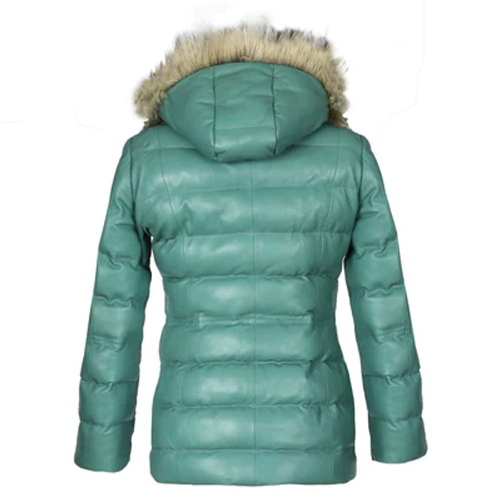 Womens Genuine Cyan Puffer Leather Jacket With Fur Hoodie