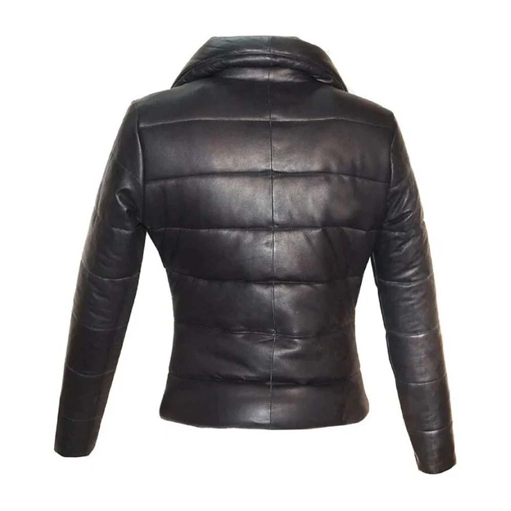 Women Black Puffer Leather Jacket