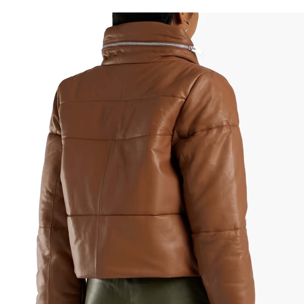 Women Brown Puffer Leather Jacket