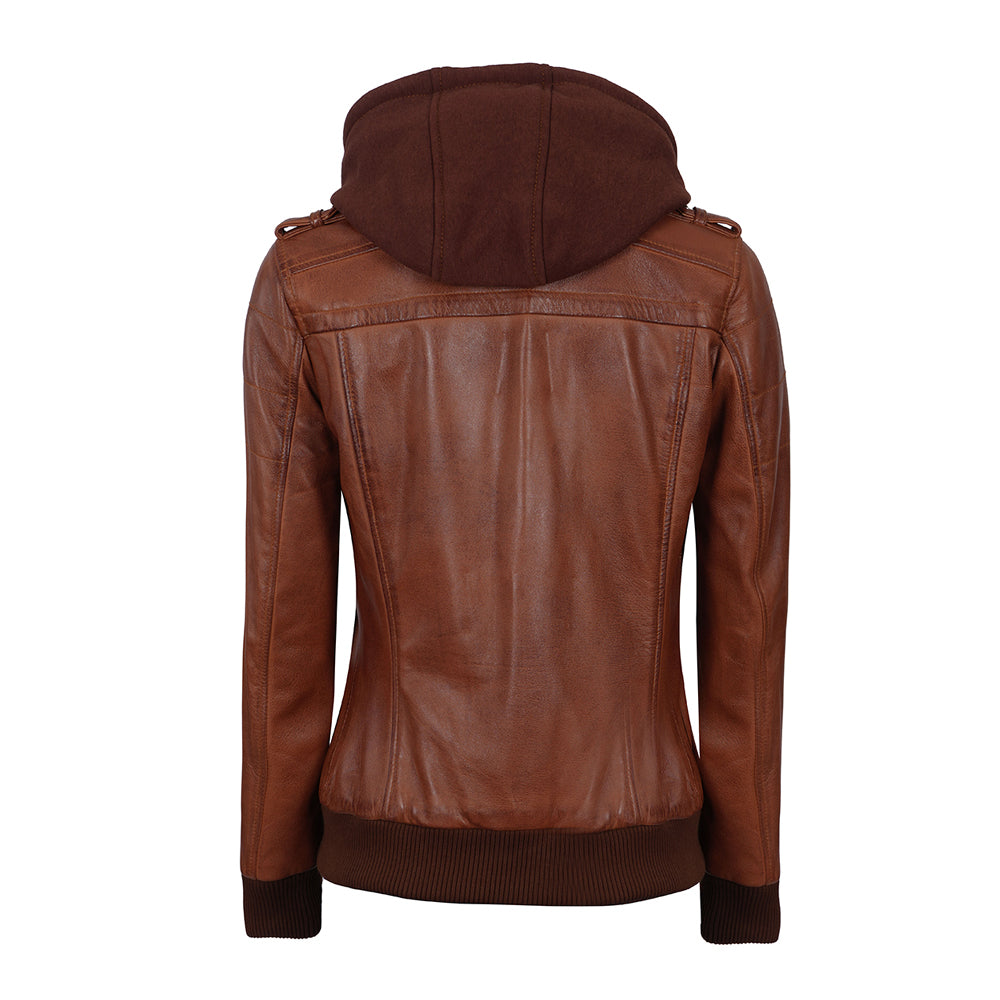 Women Leather Bomber Jacket With Removable Hood