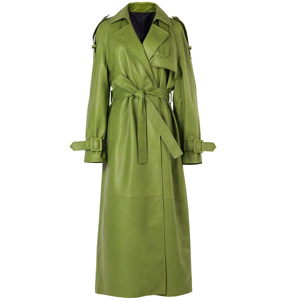 Women Real Leather Trench Coat in Green