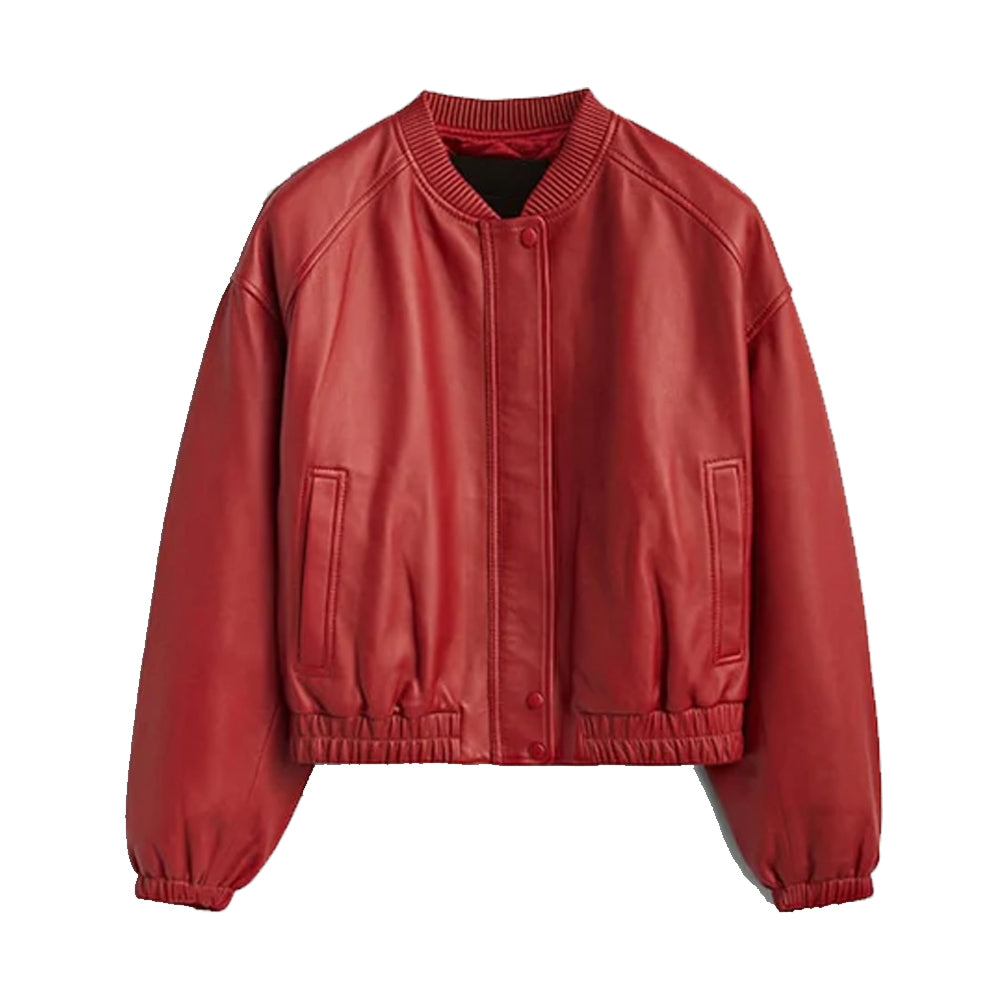 Women's Red Leather Bomber Jacket