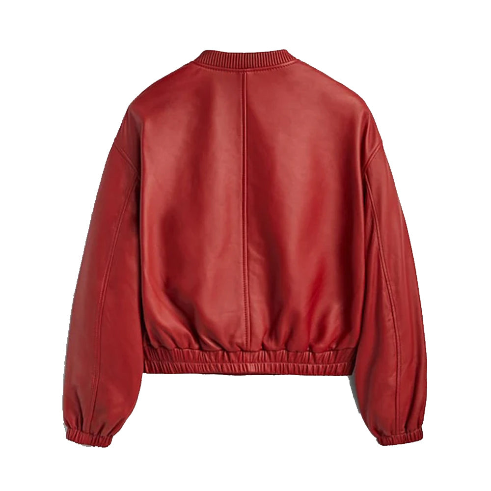 Women's Red Leather Bomber Jacket