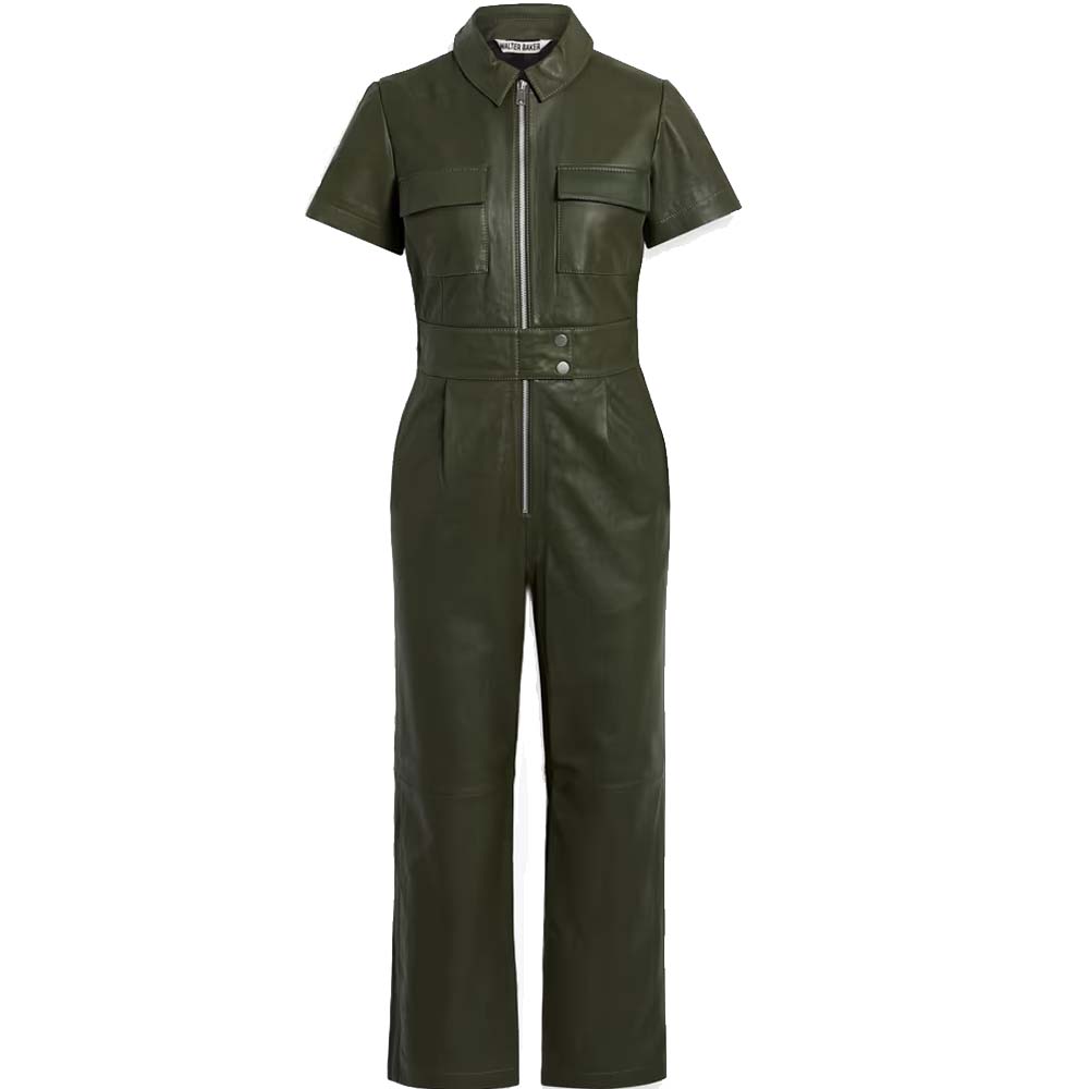 Womens Army Green Leather Jumpsuit