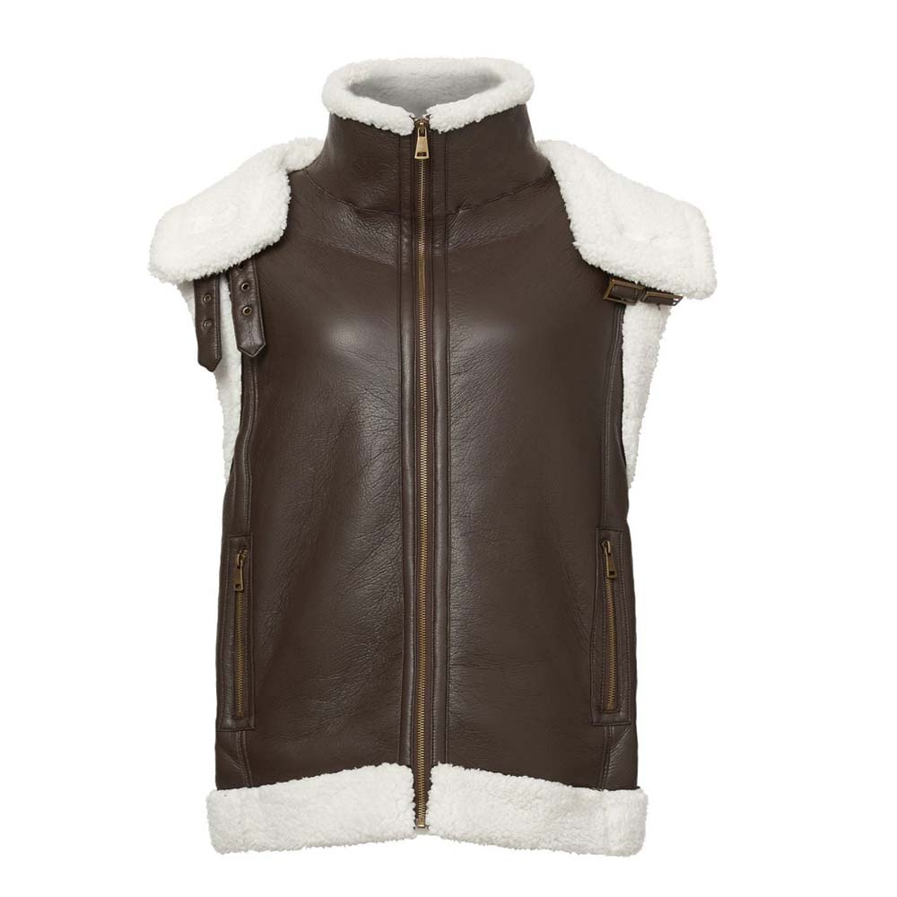 Womens Brown Shearling Leather Vest White fur