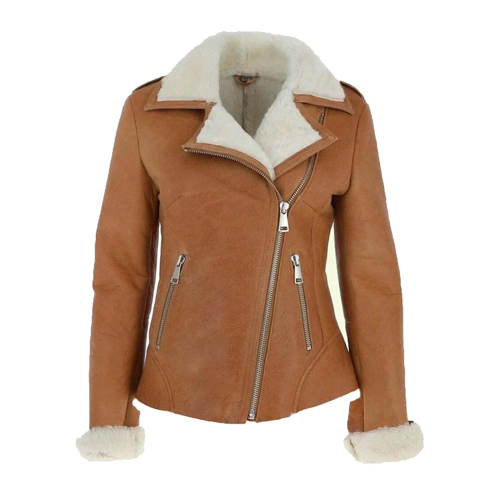 Womens Camel Brown Aviator Leather Jacket