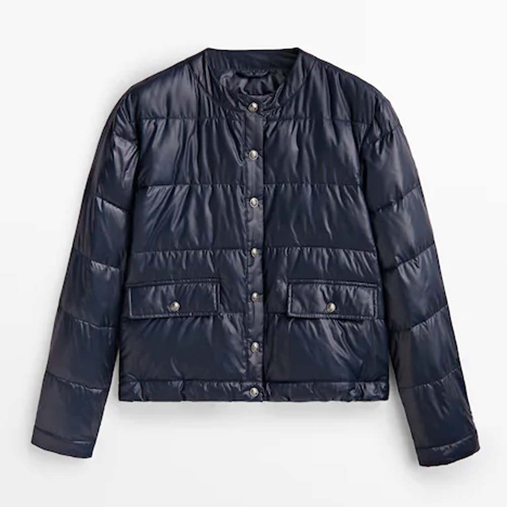 Womens Dark Blue Leather Puffer Jacket With Butten