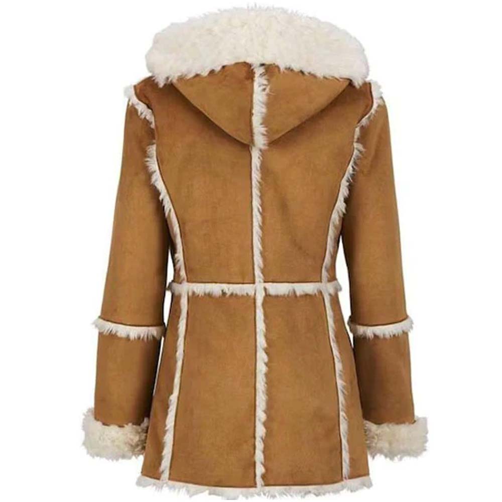 Womens Fur Hooded Collar Shearling Leather Coat