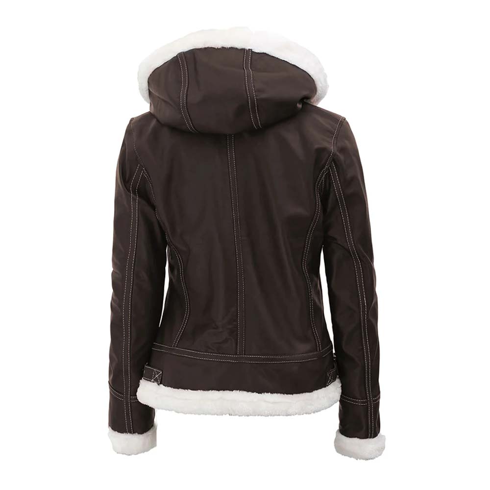 Womens Fur Shearling Leather Jacket With Hooded