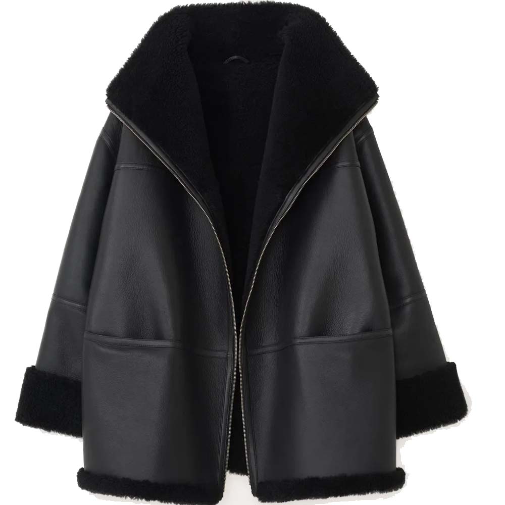 Womens Genuine Black Leather Shearling Coat