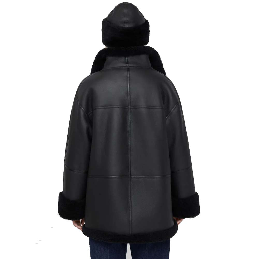Womens Genuine Black Leather Shearling Coat
