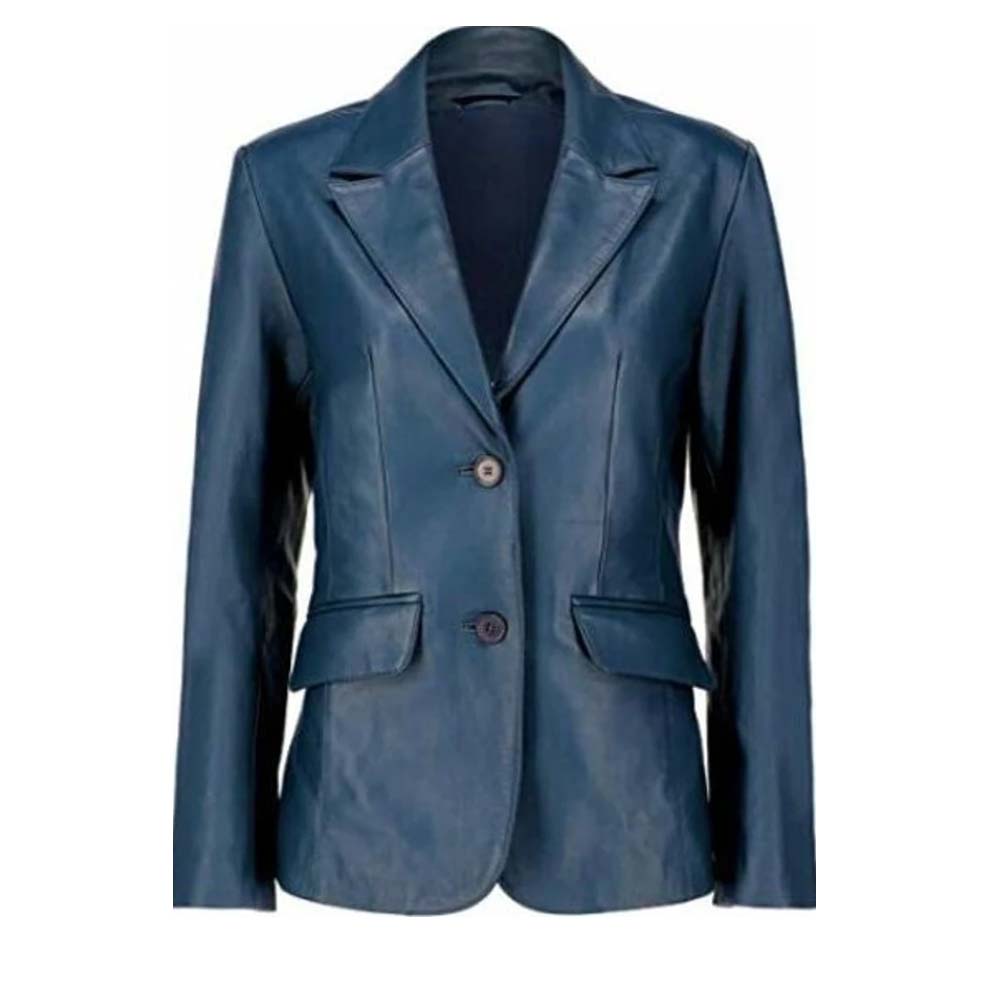 Womens Genuine Blue Leather Blazer