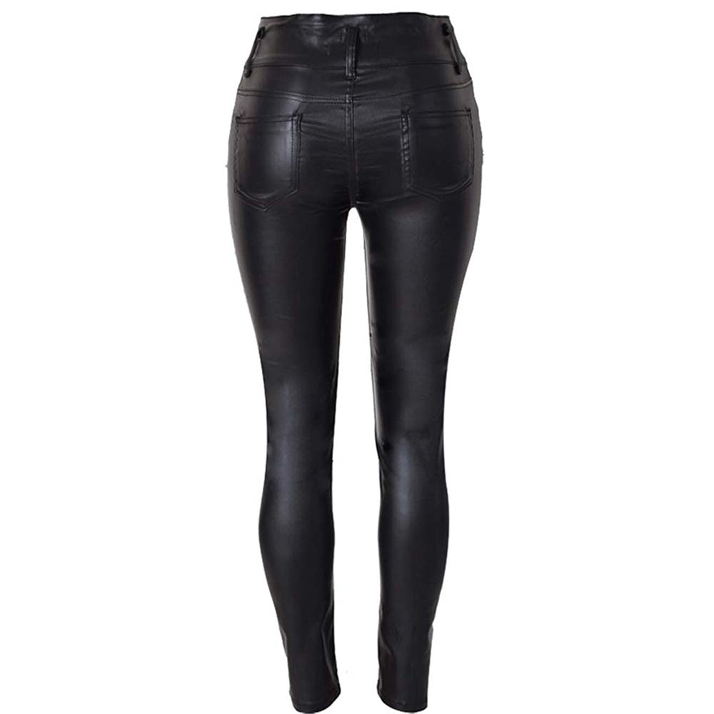 Womens High Waist Leather Pent in Black
