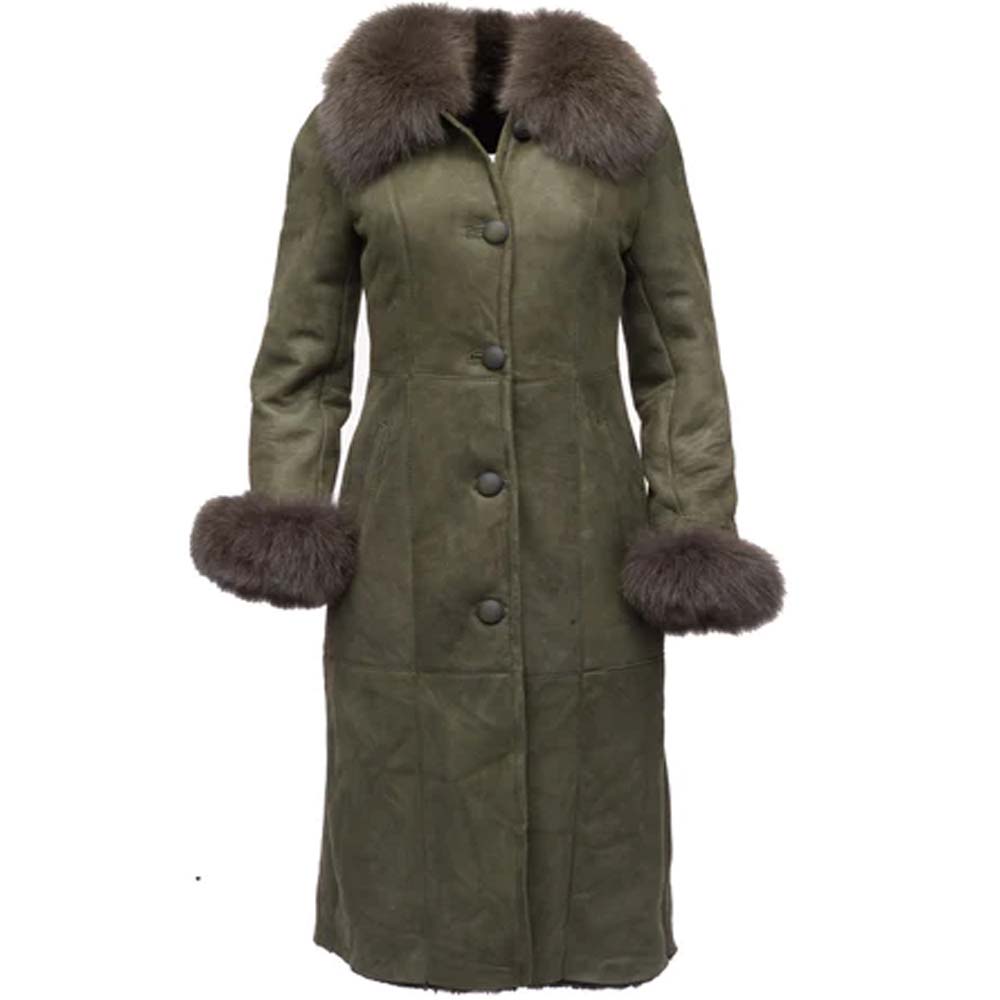 Womens Long Length Shearling Leather Coat