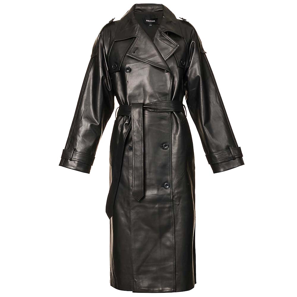 Womens Real Black Leather Trench Coat