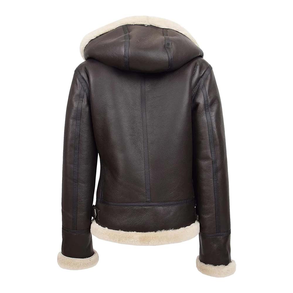 Womens Real Brown Aviator Leather Jacket With Hooded