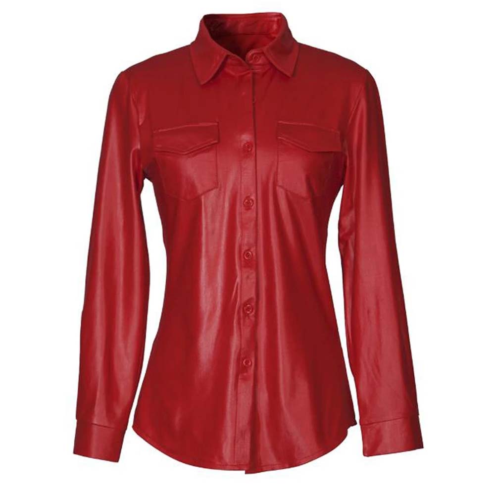 Womens Red Long Sleeve Single Button Leather Shirt