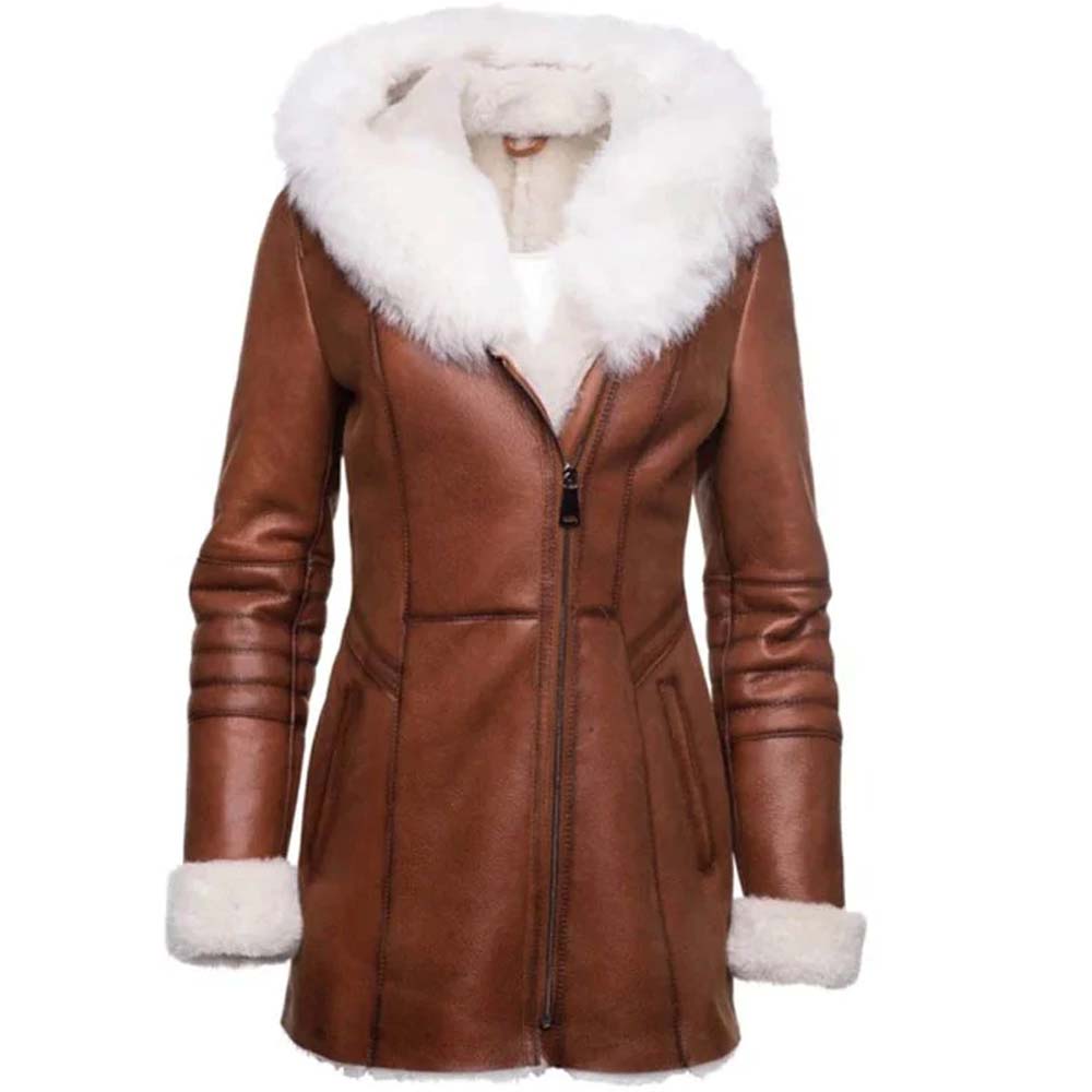 Womens Tan Shearling Leather Coat with Fur Hooded