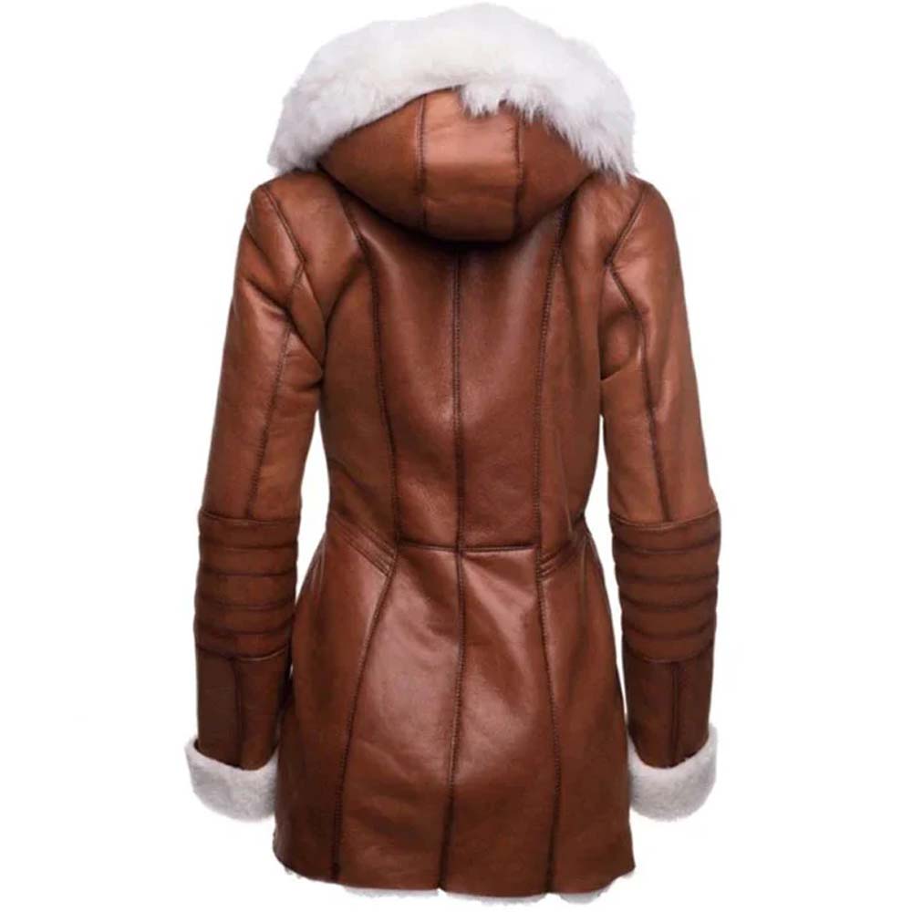 Womens Tan Shearling Leather Coat with Fur Hooded